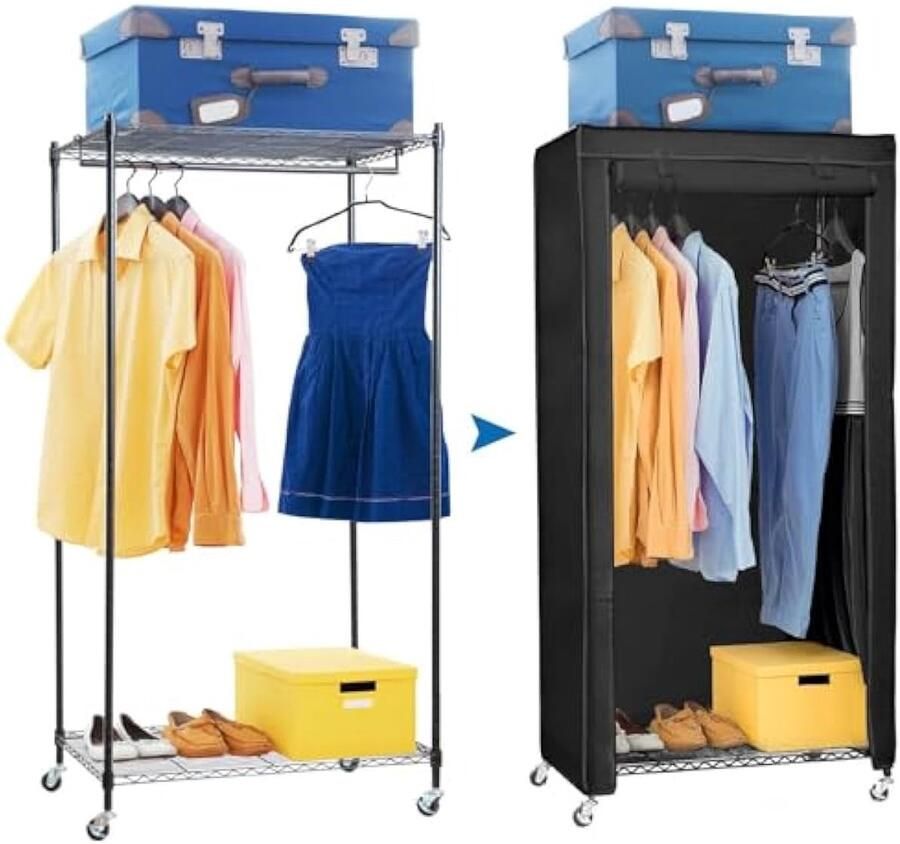 Art moon Buffalo Opvouwbare kast robuust met wielen tot 70 kg Kledingrek met hoes stoffen kast met planken en stang zwart katoen