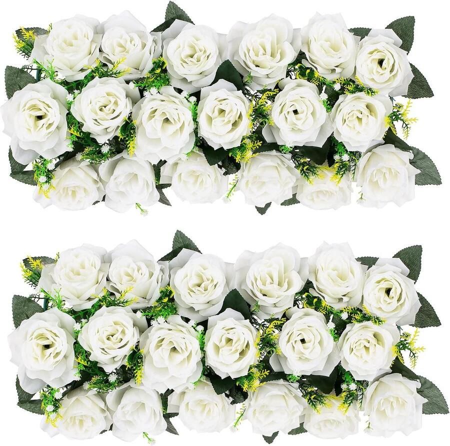Artificial Flowers Wedding Decorations 2 Pieces White Silk Rose Flower Arrangement for Dining Table Runner Centerpiece Home Room Reception Table Decor