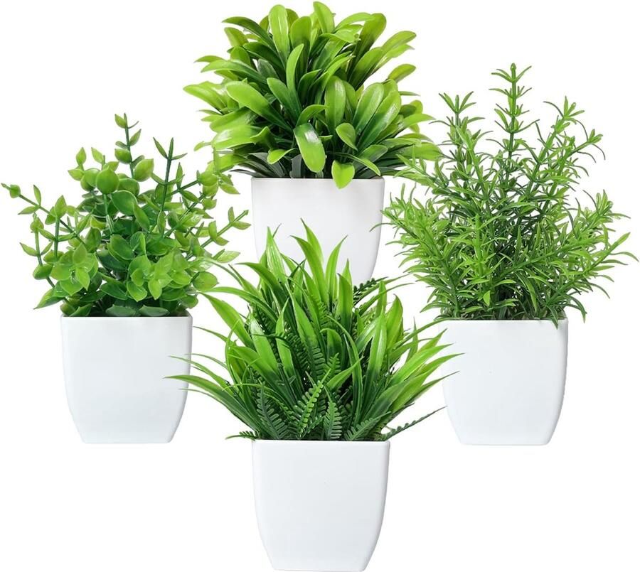 Artificial Plants Indoor Small Fake Simulation Plastic Plants Faux White Potted Plants for Interior Decoration Bookshelf Balcony Office Bathroom (4 Pieces White)