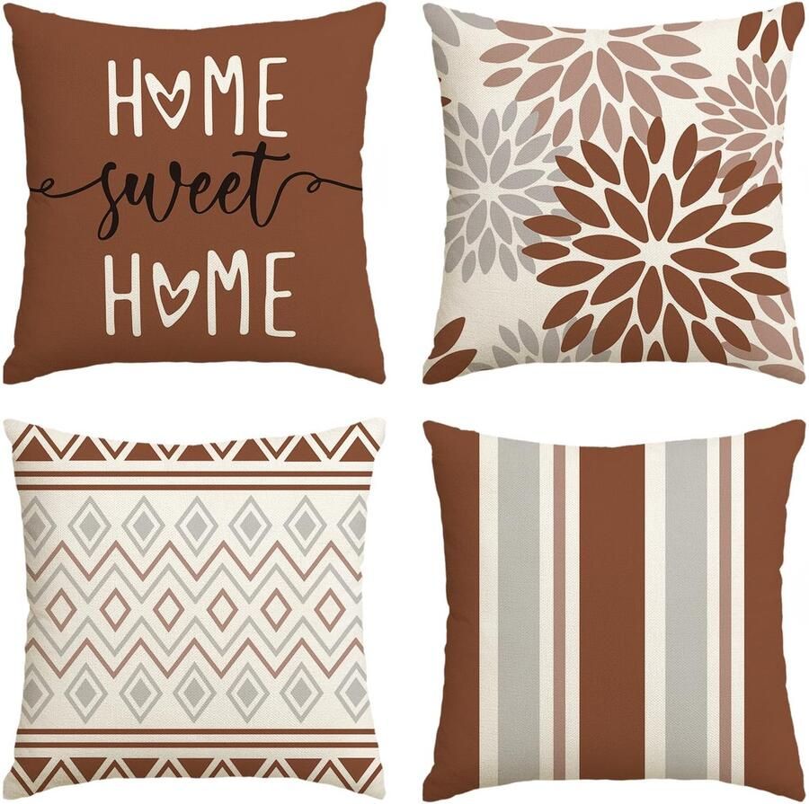 Artoid Fashion Bruine Dahlia's Geometrische Lente Kussenhoezen Set van 4 45 x 45 cm Decoratieve Kussensloop Kussenhoes Bank Woonkamer Buiten Decoratie