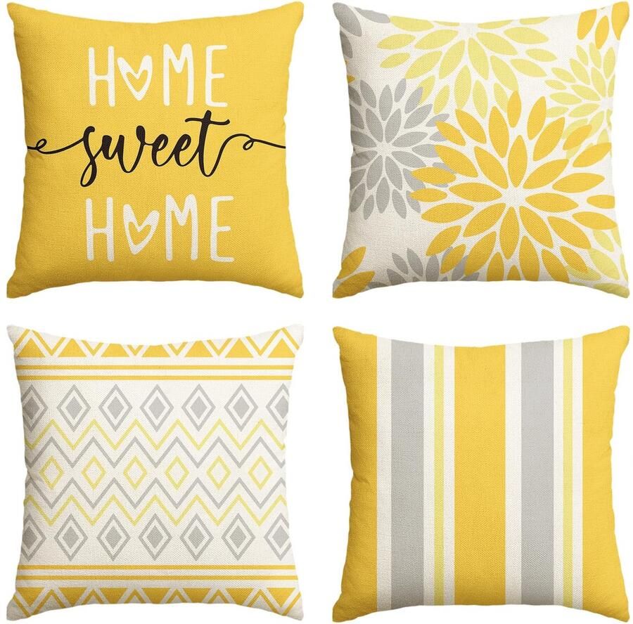 Artoid Fashion Gele Dahlia's Geometrische Lente Kussenhoezen Set van 4 50x50 cm Zomer Decoratieve Kussensloop Kussenhoes Bank Woonkamer Decoratie