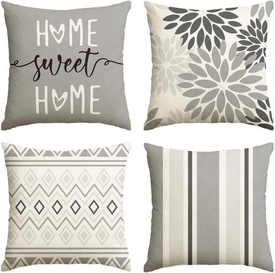 Artoid Fashion Grijze Dahlia's Geometrische Lente Kussenhoezen Set van 4 45 x 45 cm Decoratieve Kussensloop Kussenhoes Bank Woonkamer Buiten Decoratie