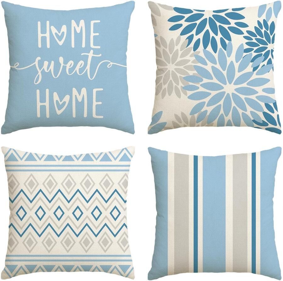 Artoid Fashion IJsblauwe Dahlia's Geometrische Lente Kussenhoezen Set van 4 40x40 cm Decoratieve Kussensloop Kussenhoes Bank Woonkamer Buiten Decoratie