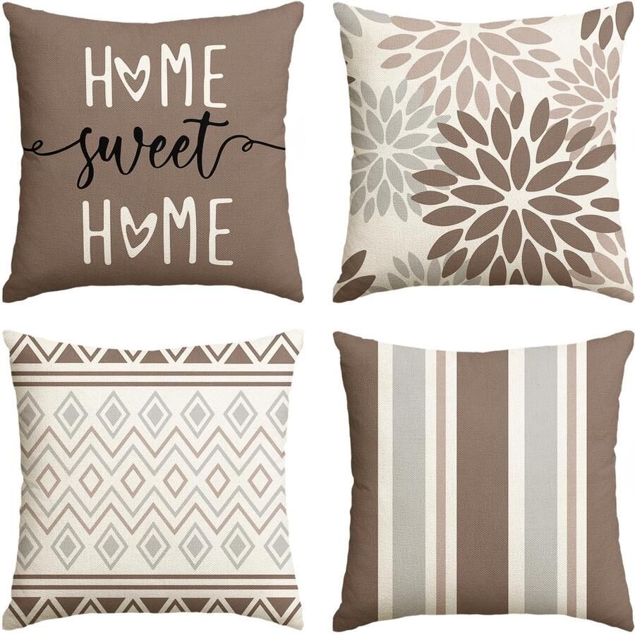 Artoid Fashion Khaki Dahlia's Geometrische Lente Kussenhoezen Set van 4 40x40 cm Decoratieve Kussensloop Kussenhoes Bank Woonkamer Buiten Decoratie