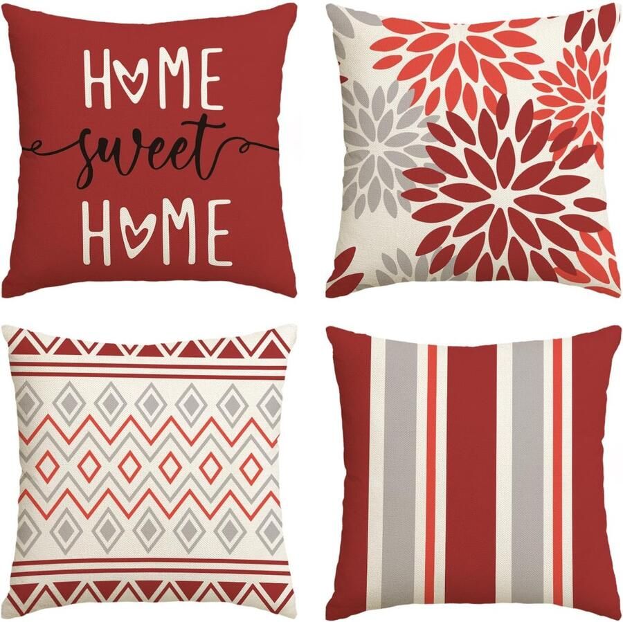 Artoid Fashion Rode Dahlia's Geometrische Lente Kussenhoezen Set van 4 45 x 45 cm Decoratieve Kussensloop Kussenhoes Bank Woonkamer Buiten Decoratie