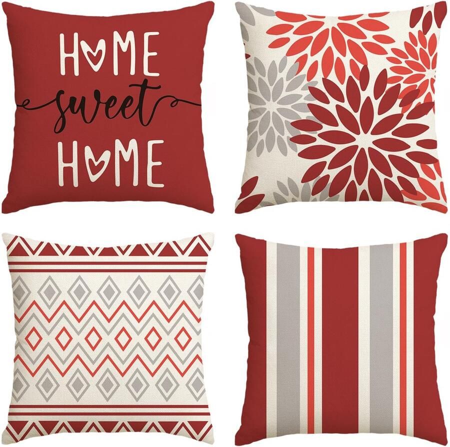 Artoid Fashion Rode Dahlia's Geometrische Lente Kussenhoezen Set van 4 50x50 cm Decoratieve Kussensloop Kussenhoes Bank Woonkamer Buiten Decoratie