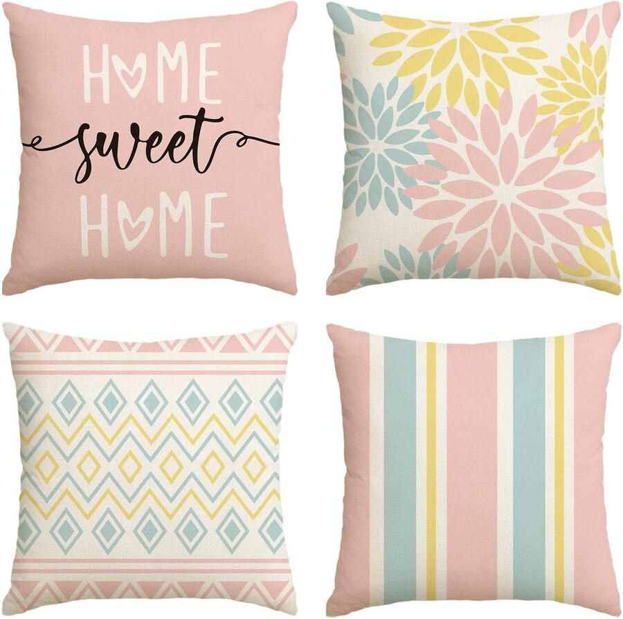 Artoid Fashion Roze Blauwe Dahlia's Geometrische Kussenhoezen Set van 4 45 x 45 cm Lente Decoratieve Kussensloop Kussenhoes Bank Woonkamer Buiten Decoratie