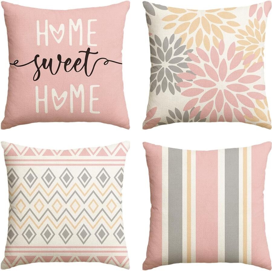 Artoid Fashion Roze Dahlia's Geometrische Lente Kussenhoezen Set van 4 45 x 45 cm Decoratieve Kussensloop Kussenhoes Bank Woonkamer Buiten Decoratie