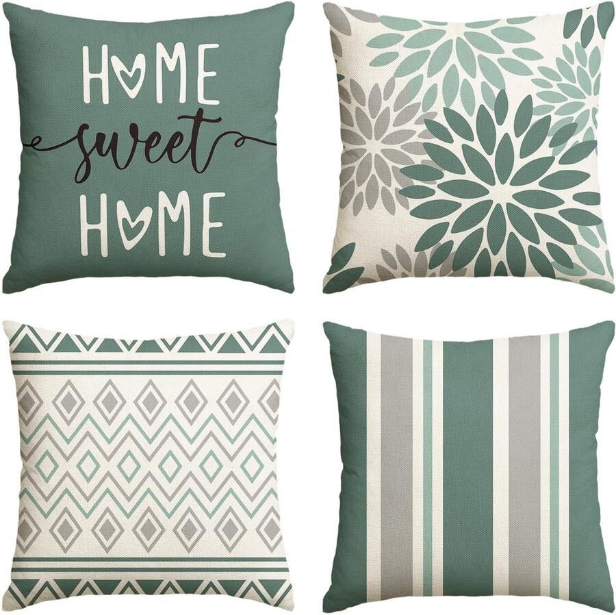Artoid Fashion Water Green Dahlia Geometrische Kussenhoezen Set van 4 50x50 cm Lente Decoratieve Kussensloop Kussenhoes Bank Woonkamer Buitendecoratie