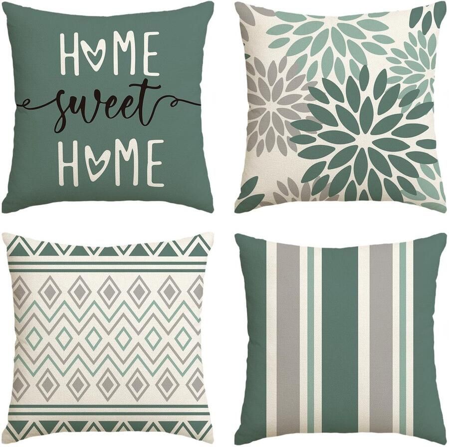 Artoid Fashion Watergroene Dahlia's Geometrische Bloemen Kussenhoezen Set van 4 40 x 40 cm Decoratieve Kussensloop Kussenhoes Bank Woonkamer Buitendecoratie