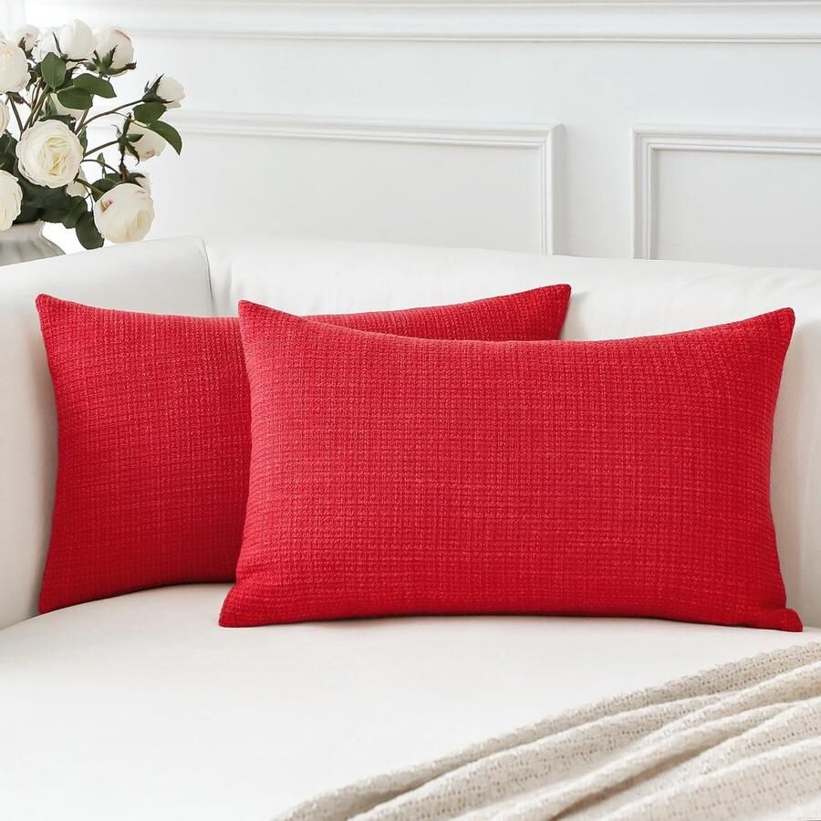 Artscope Set van 2 Kerstkussenhoezen Effen Kleur Sierkussenhoes Linnen Kussenhoezen Moderne Decoratieve Kussens Kussenhoes Set Kussensloop voor Bank Slaapkamer Woondecoratie 30 x 50 cm Rood