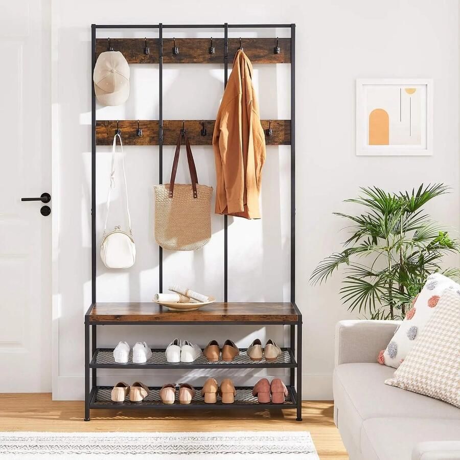 AS store Kapstok met schoenenkast Kleding rek Schoenenrek Schoenenbank 12 haken Goed voor de hal en slaapkamer Bruin 100x40x186