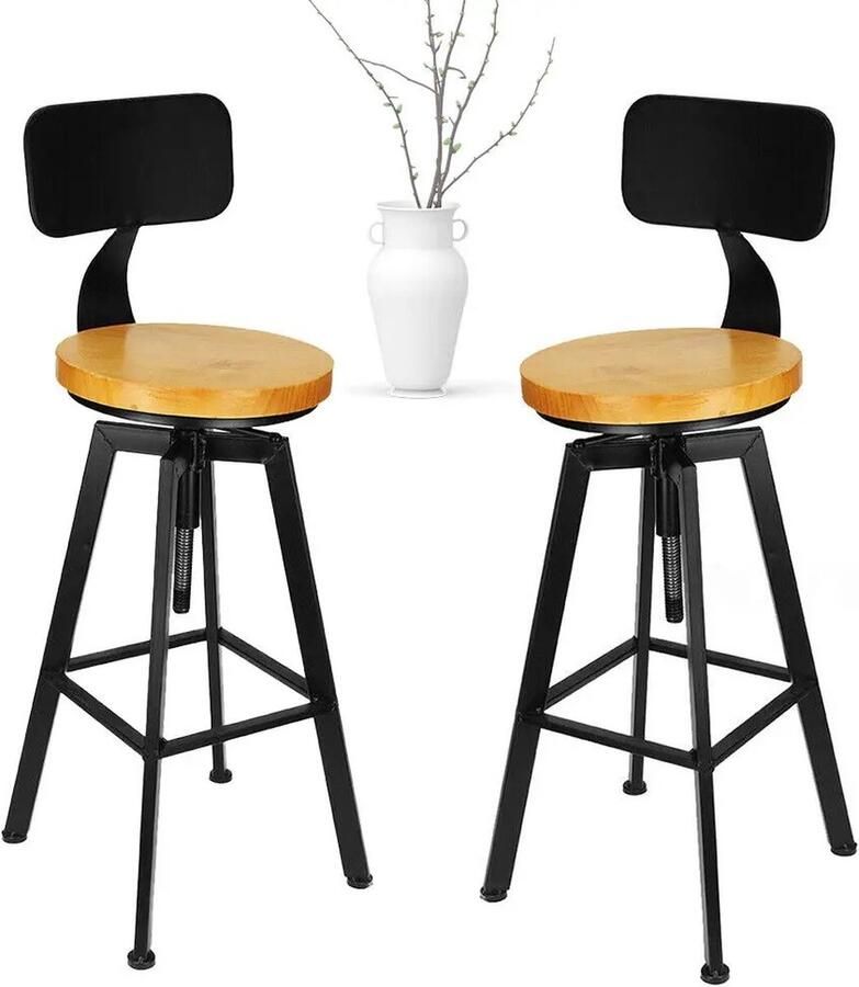 Asaam 2-delige retro houten barkruk -Draaibaar met rugleuning In hoogte verstelbare vintage stoelzitting 64-84 cm voor keuken woonkamer