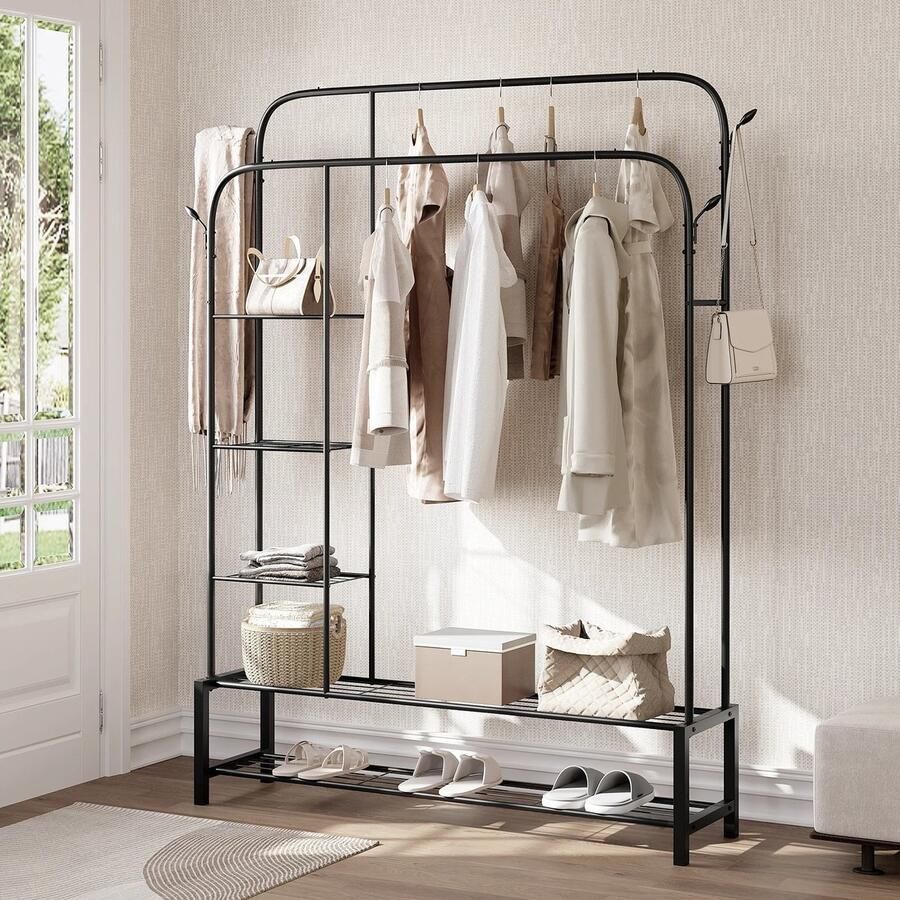 Asaam Stabiele Kapstok 130X164X33.5Cm -Staand Kledingrek Met 2 Kledingrails -Schoenenrek -Kleding Haak -Opslag Voor Slaapkamer Gang