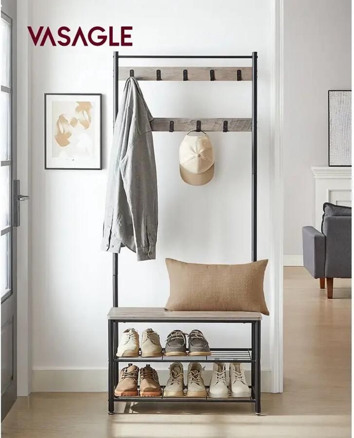 ASAGLE Kledingkast & Kapstok – Schoenenrek met Zitje – Industrieel Vintage Ontwerp – Hout en Metaal – Donkerbruin Grijs & Zwart