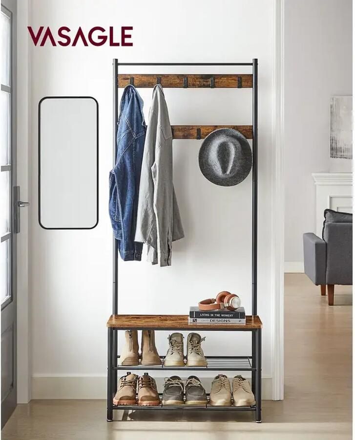 ASAGLE Kledingkast & Kapstok – Schoenenrek met Zitje – Industrieel Vintage Ontwerp – Hout en Metaal – Donkerbruin Grijs & Zwart