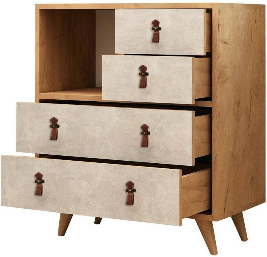 Asir-dressoir. 100% GEMELAMINEERDE SPAANPLAAT. Dikte: 18 mm. PU lederen handvat. Houten Benen. Breedte: 70 cm Hoogte: 88 6 cm Diepte: 40 cm. Lade Hoogte: 17 cm. Poothoogte: 15 cm. 4 lades. Talrijke planken. Kan aan de muur worden bevestigd - Foto 2