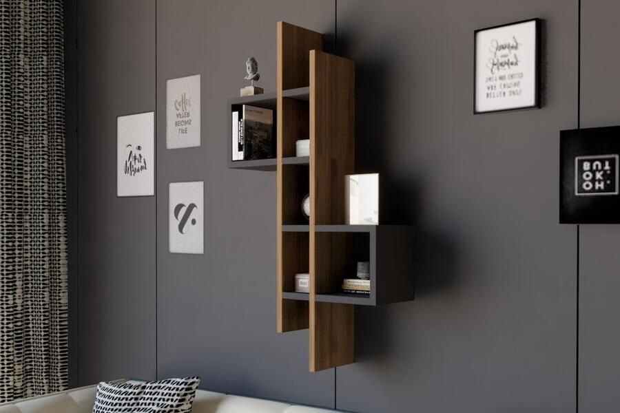 Asir Moderne Eikenkleurig Antraciet Wandplank Extra Opbergruimte Multifunctioneel Ontwerp