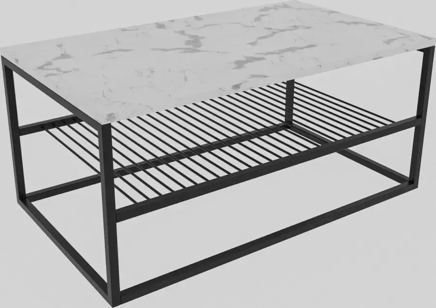 Asir salontafel. 100% GEMELAMINEERDE SPAANPLAAT. Dikte: 18 mm. Elektrostatisch gepoedercoate metalen poten. Breedte: 95 cm Hoogte: 43 cm Diepte: 55 cm. Plankhoogte: 17 5 cm - Foto 2