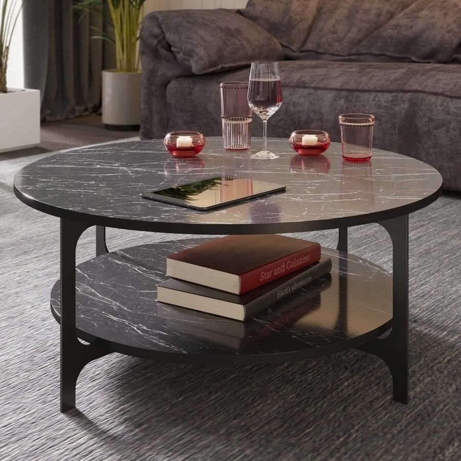 Asir salontafel. 100% GEMELAMINEERDE SPAANPLAAT. Dikte: 18 mm. Metalen poten. Breedte: 90 cm Hoogte: 90 cm Diepte: 36 8 cm. Plankhoogte: 20 cm. Marmeren ontwerp - Foto 2