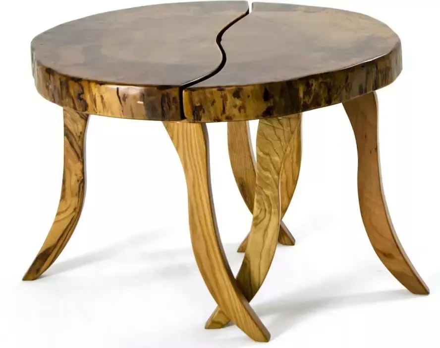 Asir salontafel. 100% WALNOOT. Dikte: 5 cm. Vlakke lak. Handgemaakt. Diameter: 70 cm. Hoogte: 45cm