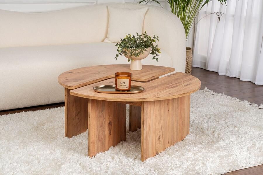 CALICOSY Set van 2 Salontafels MOIRA B90 cm Pijnboomeffect - Foto 2