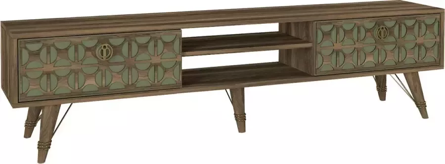 Asir tv-standaard. 100% GEMELAMINEERDE SPAANPLAAT. Dikte: 18 mm. Afmeting: Breedte: 180 cm Hoogte: 46 2 cm Diepte: 29 5 cm. Breedte middelste plank: 55 8 cm. Poothoogte: 20 cm. Talrijke planken. Kan aan de muur worden bevestigd. Extra opslag