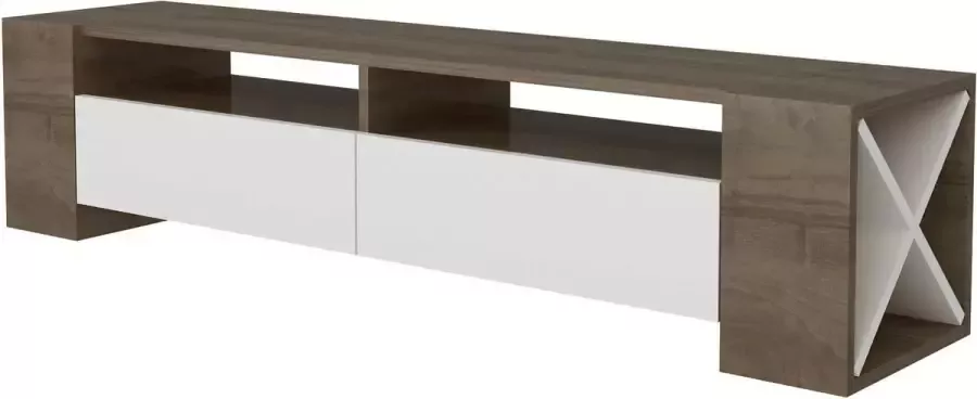 Asir tv-standaard. 100% GEMELAMINEERDE SPAANPLAAT. Dikte: 18 mm. Afmeting tv-meubel: Breedte: 155 cm Hoogte: 35 cm Diepte: 35 cm. Plankhoogte: 10 cm. Borstbreedte: 59 5 cm. Beenhoogte: 6 2 cm. Talrijke planken. Extra opslag - Foto 2