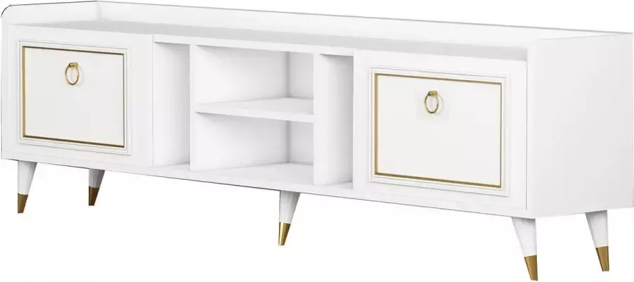 Asir tv-standaard. 100% GEMELAMINEERDE SPAANPLAAT. Dikte: 18 mm. Breedte: 180 cm Hoogte: 55 cm Diepte: 35 cm. Poothoogte: 15 cm. Talrijke planken. Kan aan de muur worden bevestigd - Foto 2