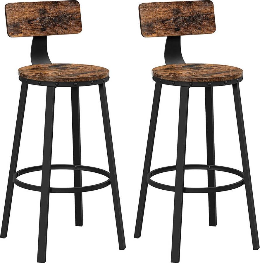 A.T. Shop Barkrukken Keukenkrukken Set van 2 hoge barstoelen met rugleuning stalen frame 73 cm hoge zitting eenvoudige montage industrieel rustiek bruin en zwart