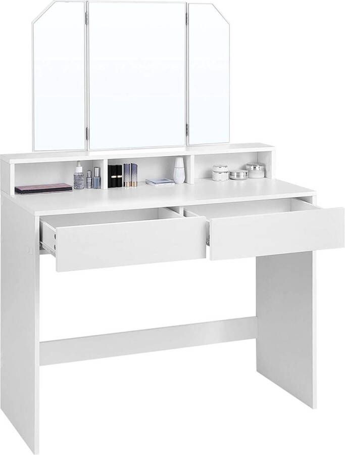 A.T. Shop Kaptafel met klapspiegel en 2 laden cosmeticatafel met 3 open vakken kapcommode voor make-up modern wit