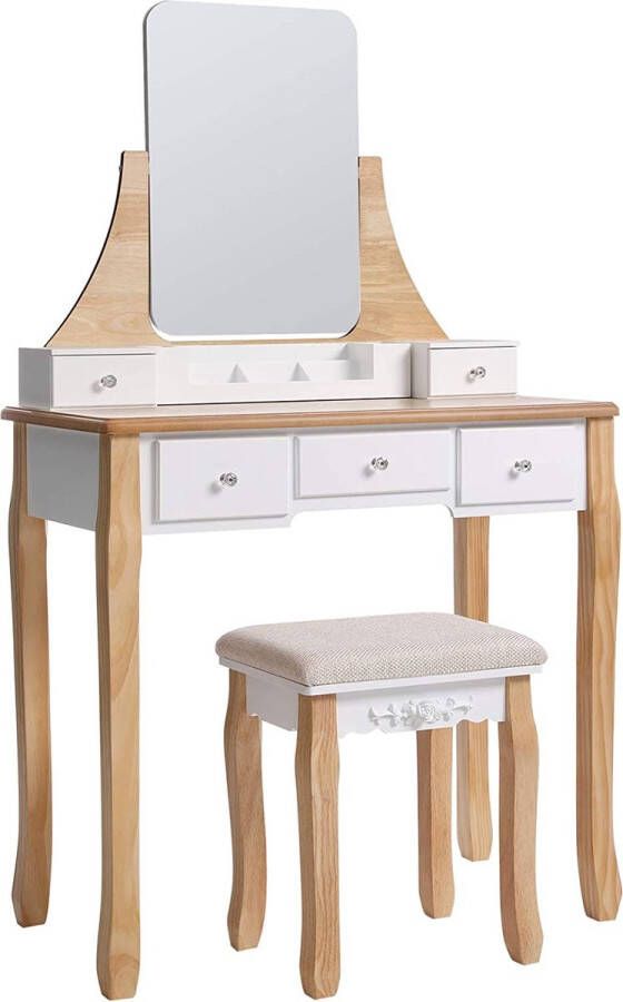 A.T. Shop kaptafel met roterende spiegel zonder frame cosmetische tafel kaptafel make-uptafel met Ottomaanse kruk 5 laden verplaatsbare opbergdoos witte natuurlijke