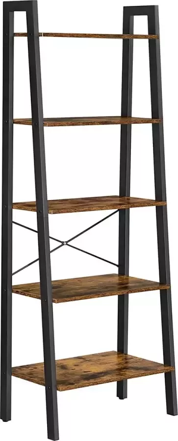 A.T. Shop Ladderplank 5-tier industriële boekenkast opbergeenheid met metalen frame voor woonkamer keuken rustiek bruin