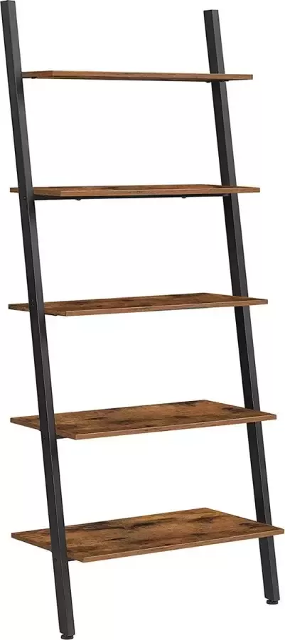 A.T. Shop ladderrek in industrieel ontwerp boekenkast met 5 niveaus wandrek woonkamer keuken kantoor strijkijzer stabiel schuin tegen de muur leunend vintage bruin-zwart