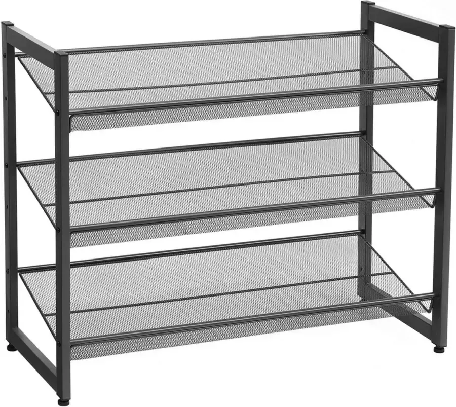 A.T. Shop Metalen Schoenenrek met 3 Niveaus Meshrek Verstelbare Legplank Plat of Schuine Planken Stapelbaar Opbergrek 74 x 62 8 x 30 7 cm Zwart