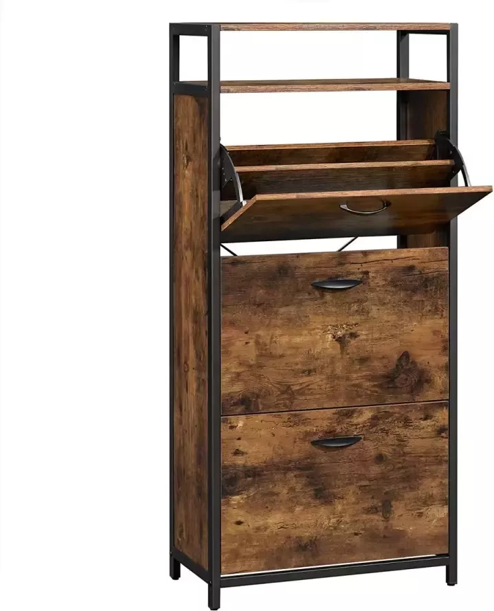 A.T. Shop Schoenenkast met 3 kleppen schoenenrek in de hal voor 12-18 paar schoenen ruimtebesparend 60 x 30 x 130 cm vintage bruin-zwart - Foto 2