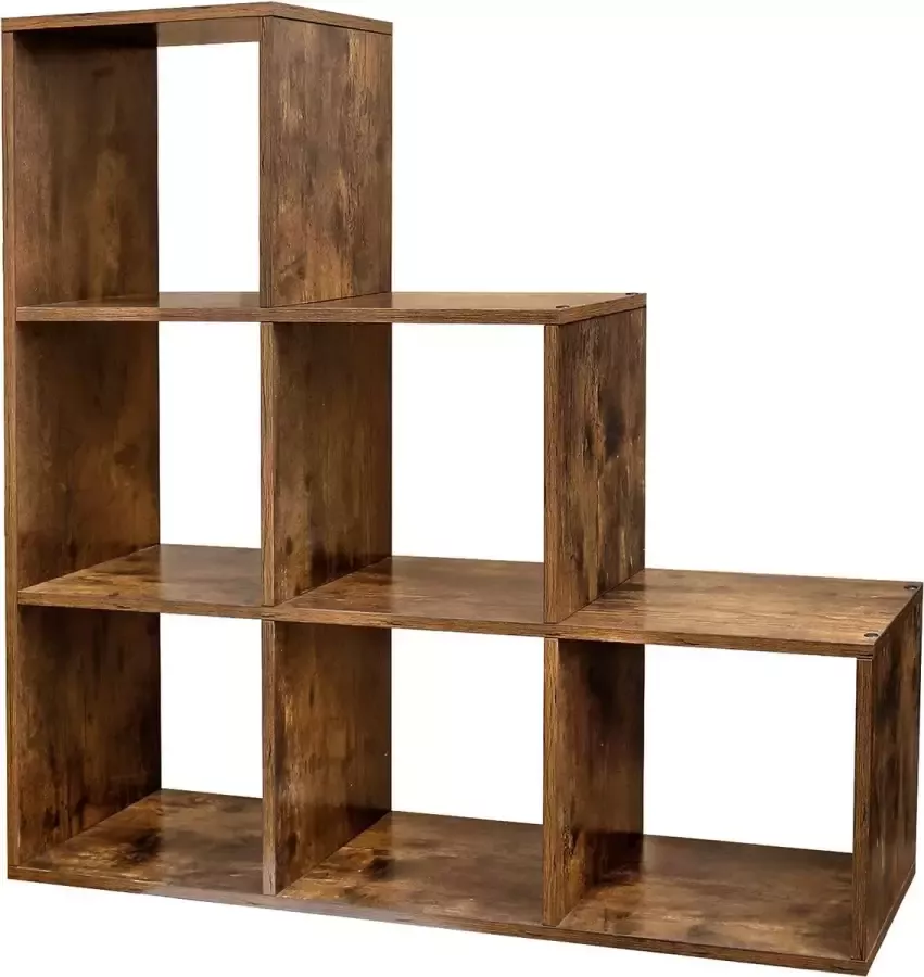 A.T. Shop Traprek boekenkast met 6 kubussen ladderrek als ruimteverdeler kubusrek vrijstaand voor kantoor woonkamer slaapkamer vintage bruin