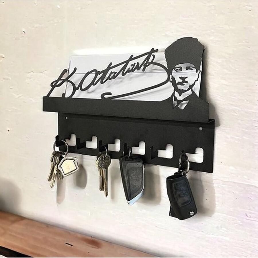 Gold Atatürk Ontworpen Muurhanger Sleutelhouder en Brievenrek Metalen Kapstok 30 cm Zwart 6 Haken