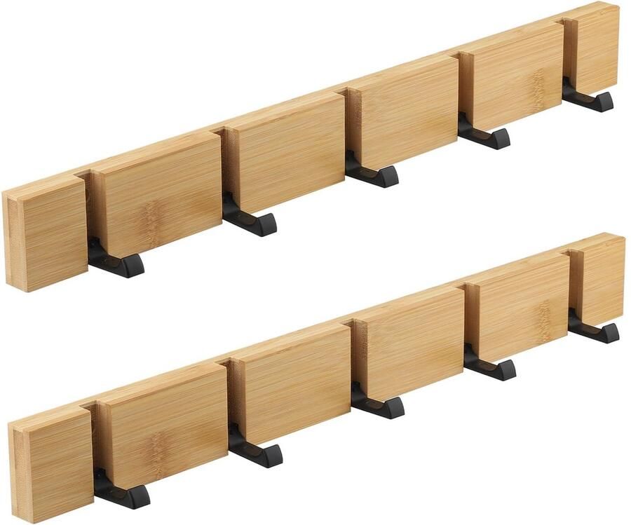 Atliberswo 2-delige kapstokhaken houten kapstokhaken met 5 opvouwbare haken wandkapstok voor jassen mantels sjaals handtassen en meer (50 cm)