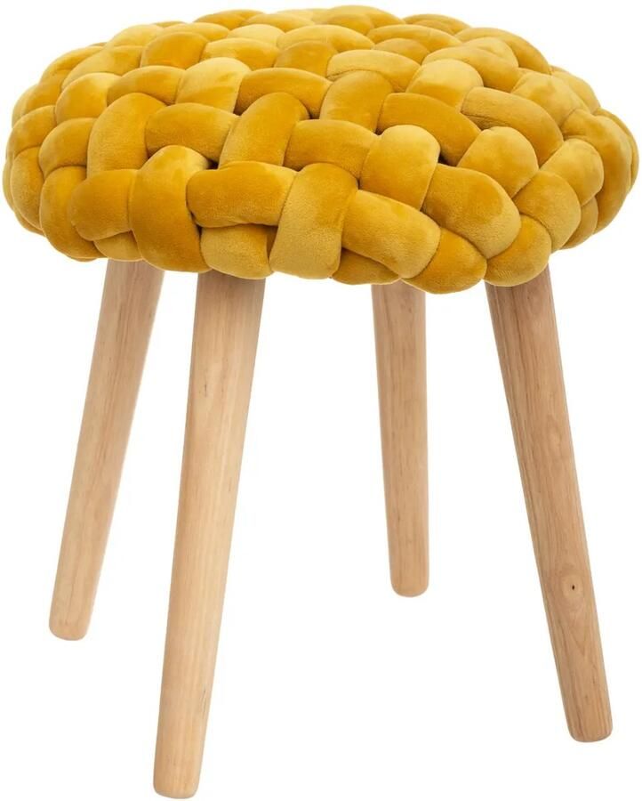 ATMOSPHERA Kruk met houten poot en mosterdfluweel gebreide zitting