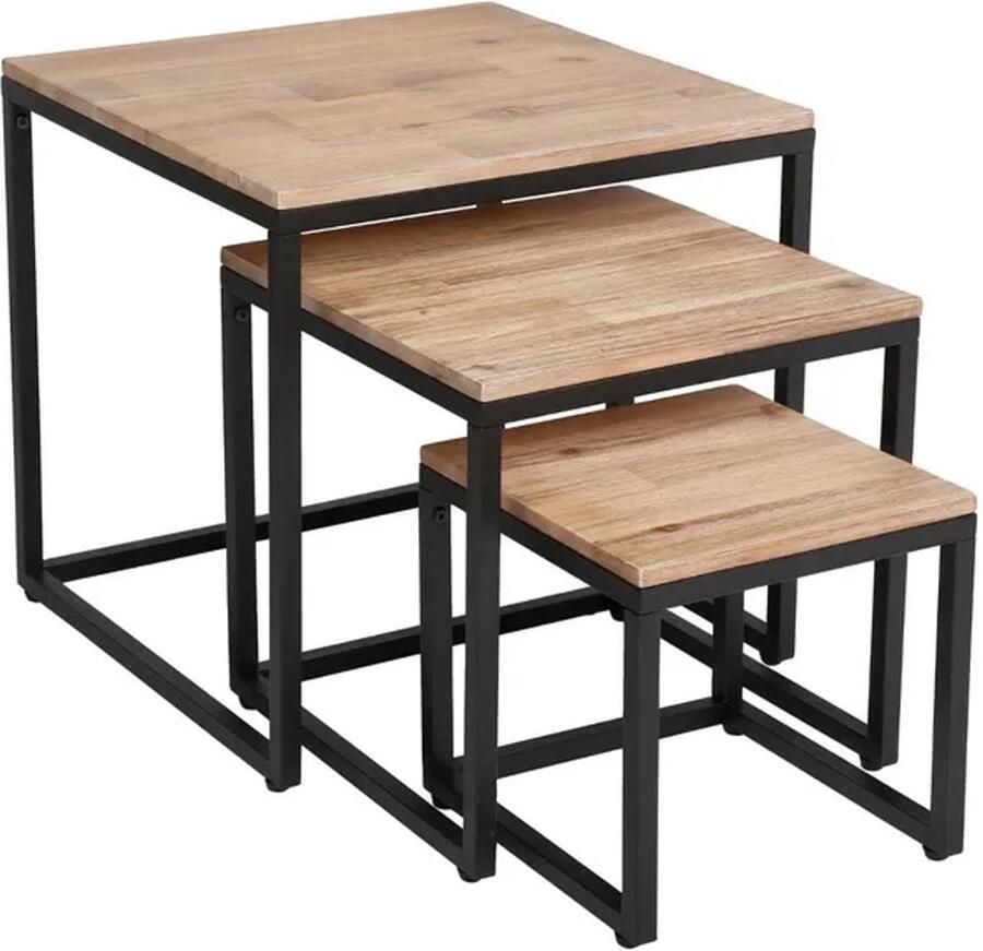 ATMOSPHERA Set van 3 bijzettafels in acaciahout en zwart metaal