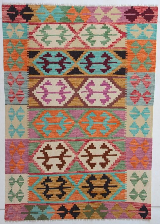 Authentiek Handgeweven Kelim 207 x 143 cm Vloerkleed 100% Wol Uniek Plantaardige Verfstoffen