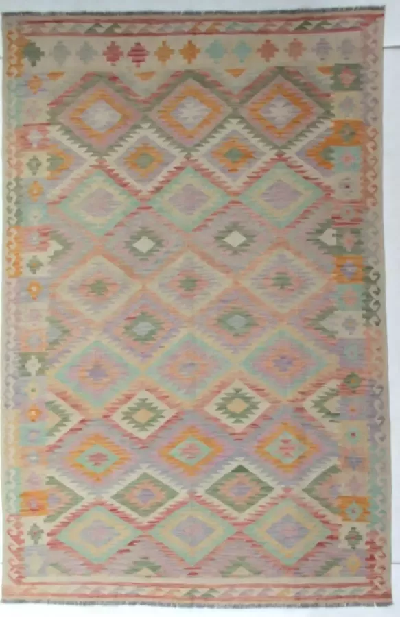 Authentiek Handgeweven Kelim 261 x 168 cmVloerkleed 100% Wol Uniek Plantaardige Verfstoffen