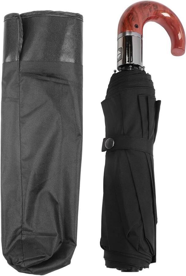 Automatische compacte reisparaplu met gebogen houten handvat Windbestendig en UV-bescherming Ideaal voor mannen en vrouwen (niet-geltype)