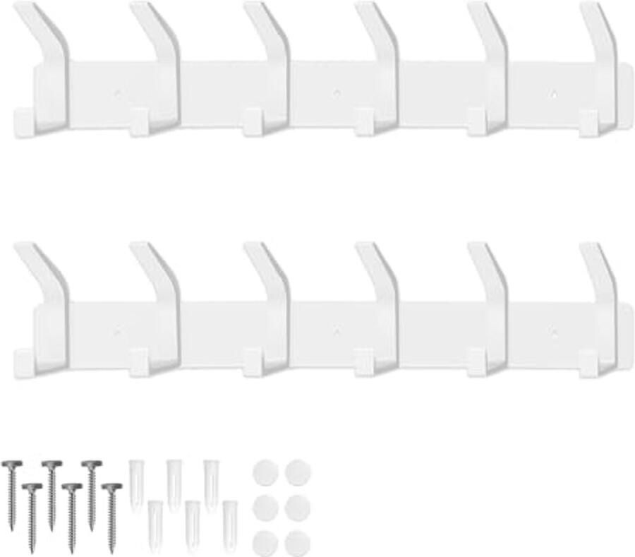 AUXHCYL Set van 2 wandkapstokken met 6 haken haakkapstok voor slaapkamer badkamer keuken kapstok wandkapstok voor jassen tassen hoeden en sjaals (wit)