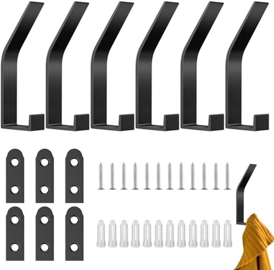 Avesteir Set van 6 roestvrijstalen kapstokhaken wandkapstokhaken met matzwart wandhaken met 24 schroeven ruimtebesparende moderne garderobehaken voor jassen mantels kleding sjaals handtassen en meer