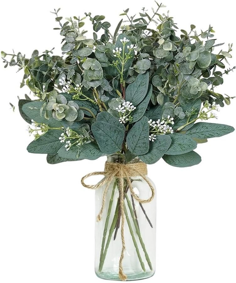 Avoik Kunstmatige Eucalyptus Takken met Glazen Vaas 10 Stuks Kunstplantengroen Kunst Eucalyptus Stengels voor Thuis Kantoor Woonkamer Bruiloft Keuken Tafel Middelpunt Decoratie