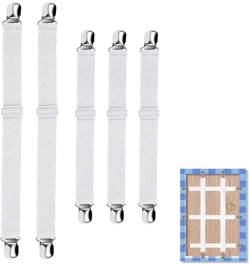 Azlanway Verstelbare Tafelkleedklemmen 5-pack Elastische Nylon Band Onzichtbaar & Gereedschapsloos Buiten & Binnen Tafelkleedhouder Wit voor Dikke Tafelbladen Tuintafel & Picknicktafel