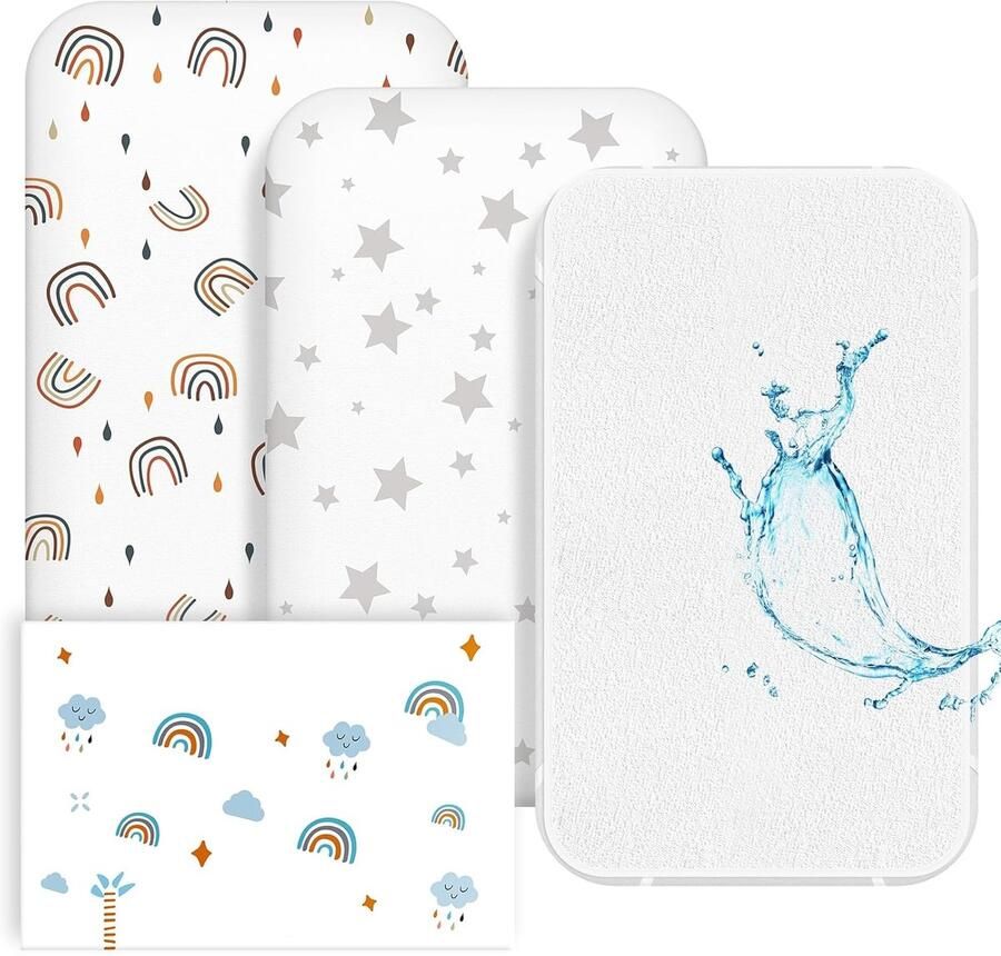 Baby hoeslaken 70 x 140 cm 2 x bedlaken kinderbed Oeko-Tex Standard 100 1 x matrasbeschermer van 100% waterdicht set van 3 hoeslakens voor babybed (regenboogpunten + sterren)
