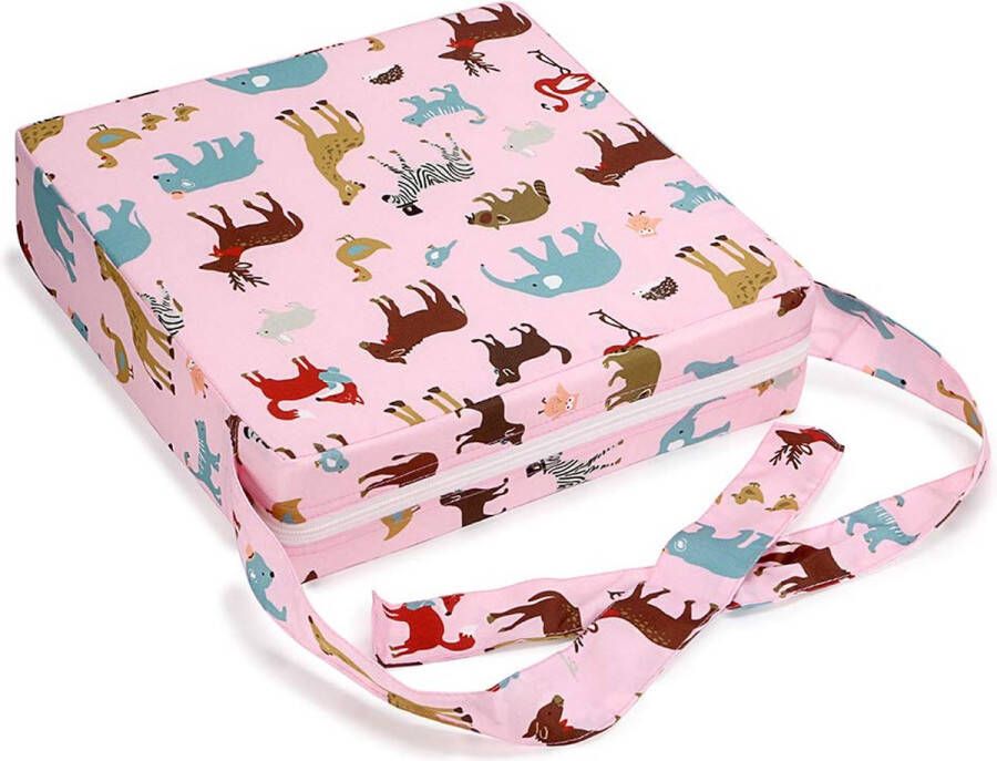 Baby Peuter Kind Baby Demontabel Verstelbaar Wasbaar Zitverhoger met riemen Eetkamerstoel Stoelkussen Stoelverhoger Kussen Reisopslag (roze + dier)